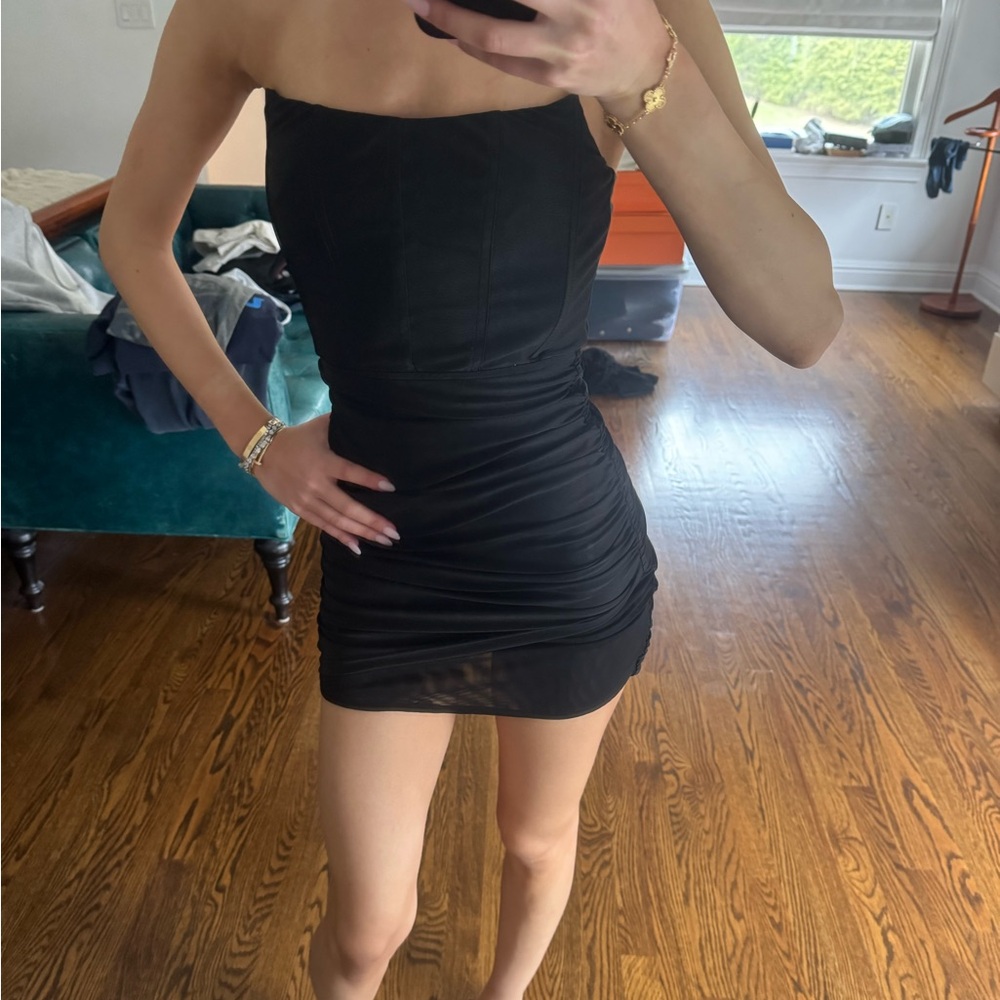 Tiger Mist Strapless Black Ruched Bodycon Mini Dress - Picture 2 of 5